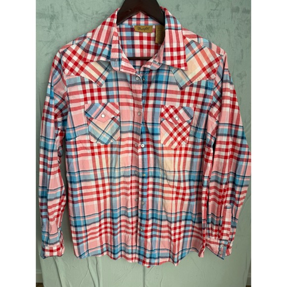 Wrangler Tops - Wrangler Western Plaid Pearl Snap Down Shirt Women M Pink Blue Americana Cowgirl